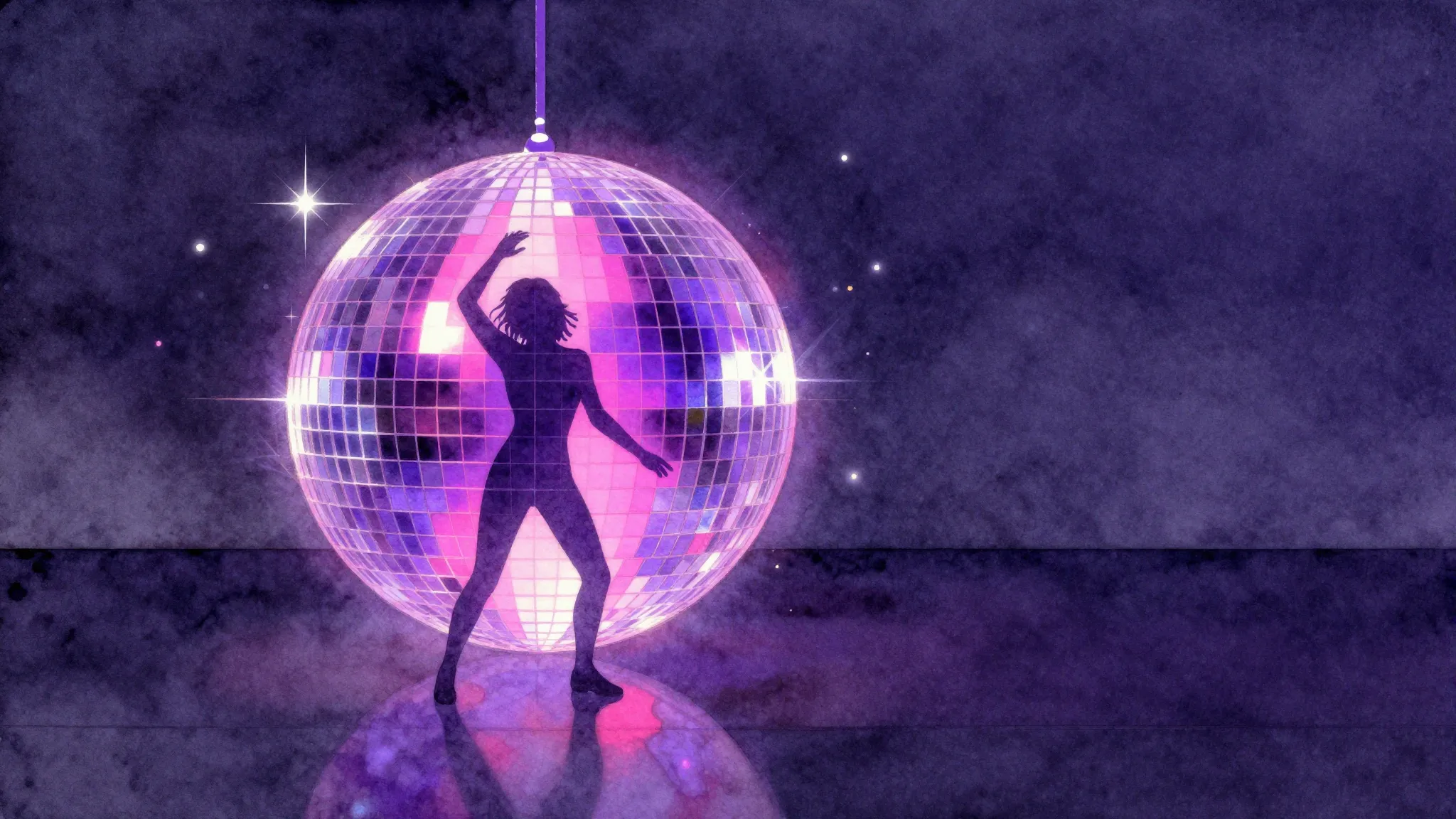 Watercolor style. A glowing neon disco ball reflecting purpl...