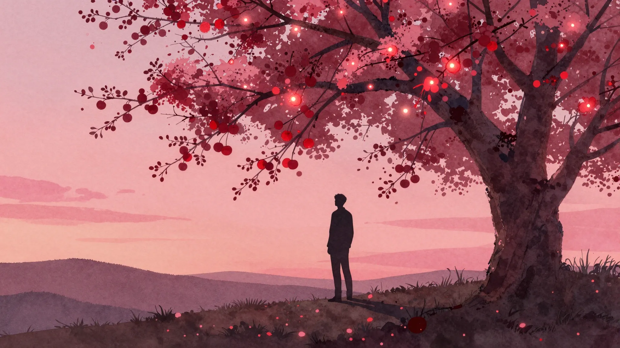 Watercolor style. A silhouette of a man standing under a blo...