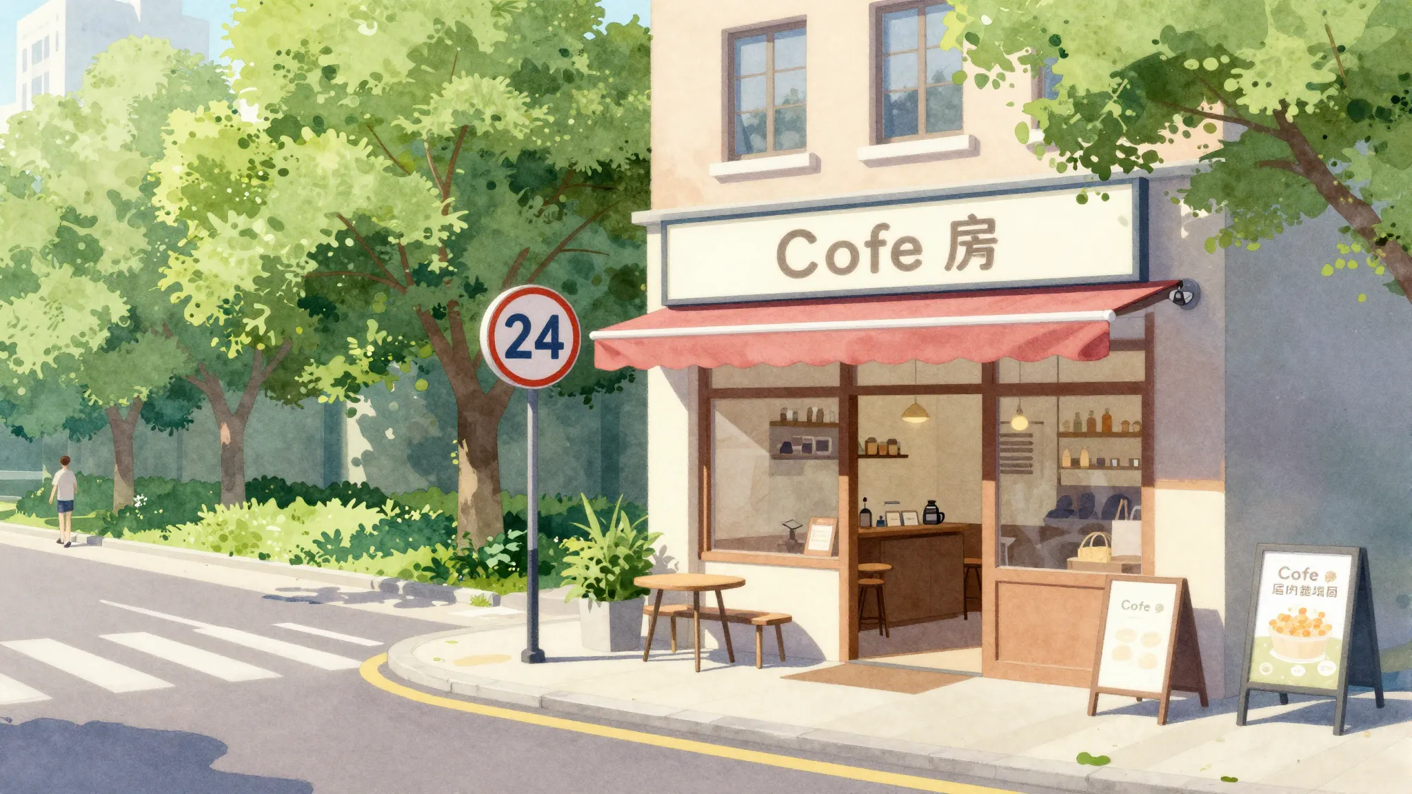 Watercolor style. A stylized city street scene with a 24 sig...