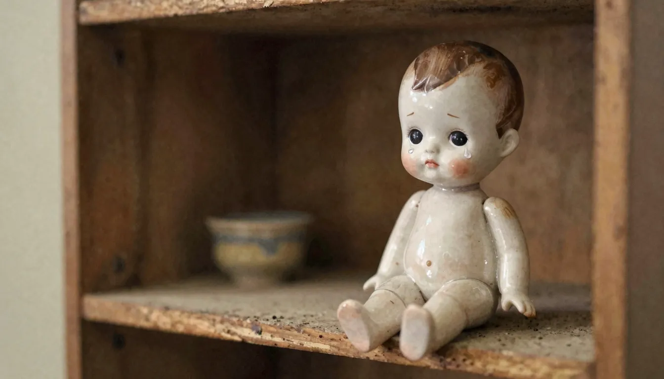Watercolor style. A lonely porcelain doll with big sad eyes ...