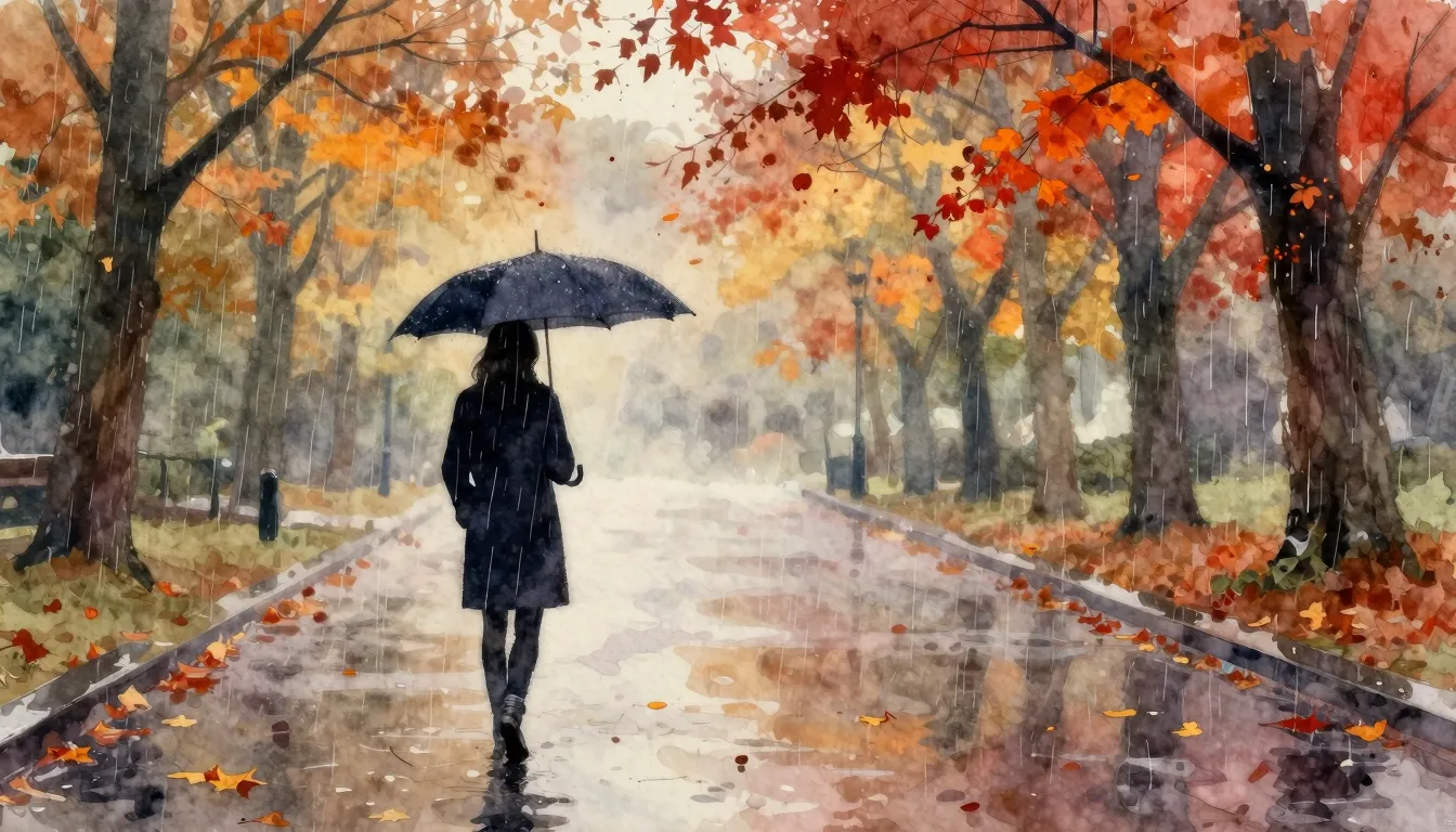Vibrant watercolor style. Melancholic autumn rain, lonely si...