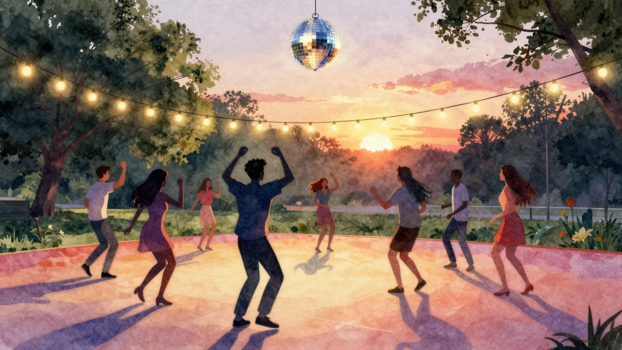 Watercolor style. A vibrant, colorful dance floor in a park ...