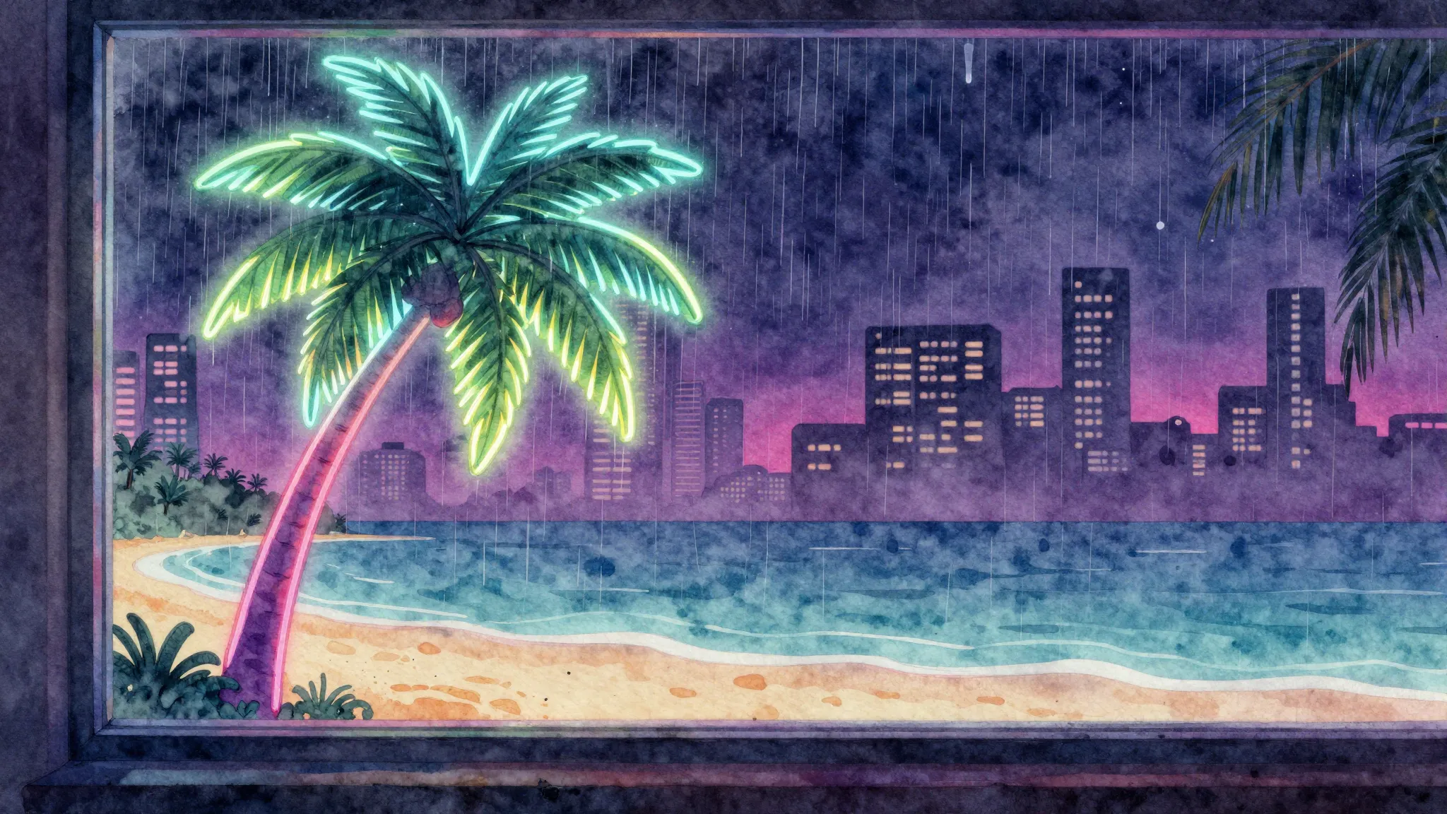Watercolor style. A glowing neon silhouette of a palm tree a...