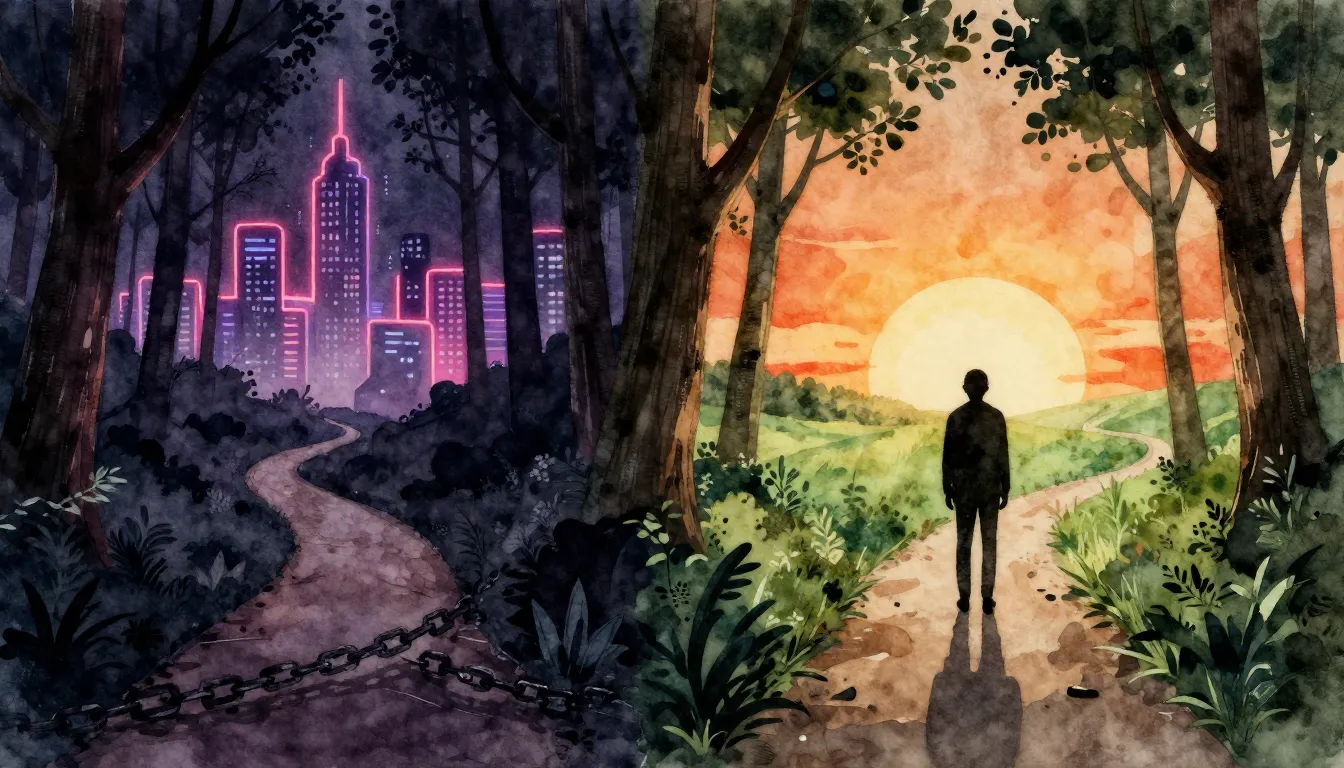 Watercolor style. Two paths diverging in a dark forest, one ...