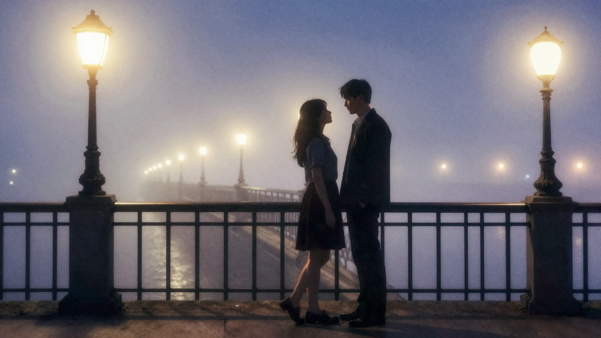 Watercolor style. A silhouette of a couple meeting on a mist...
