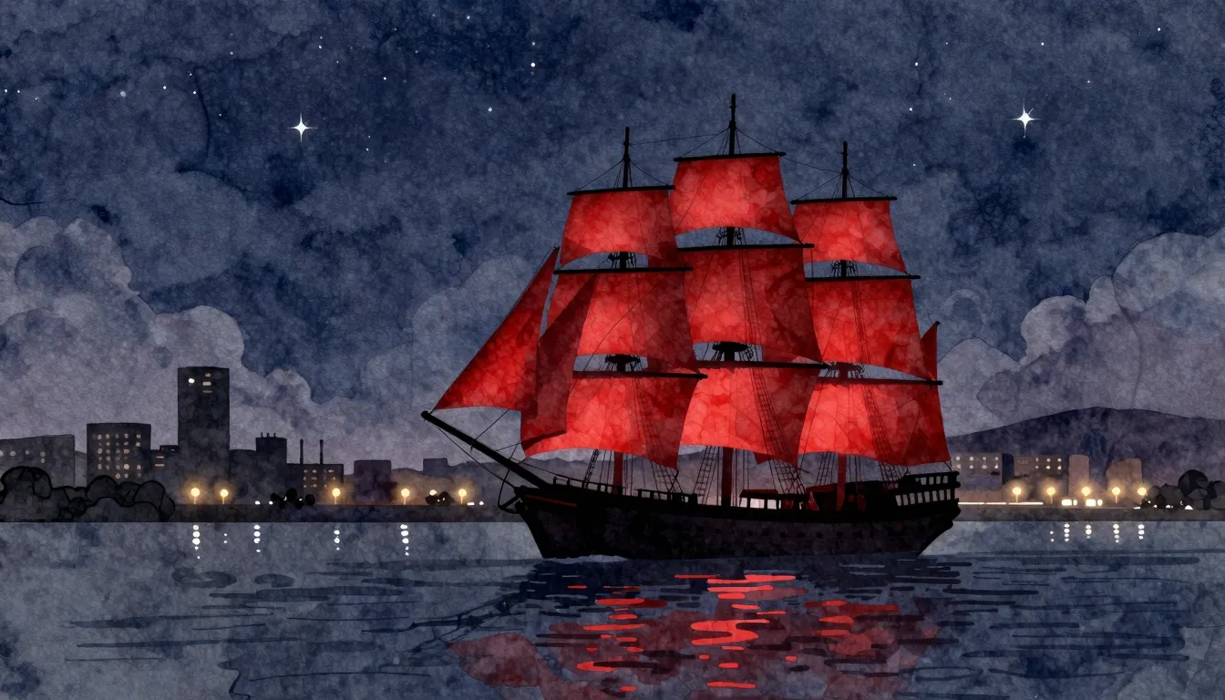 Watercolor style. Silhouette of a large sailing ship with gl...