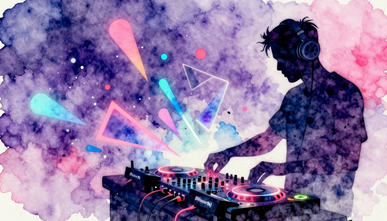 Watercolor style. Futuristic DJ setup with glowing neon acce...