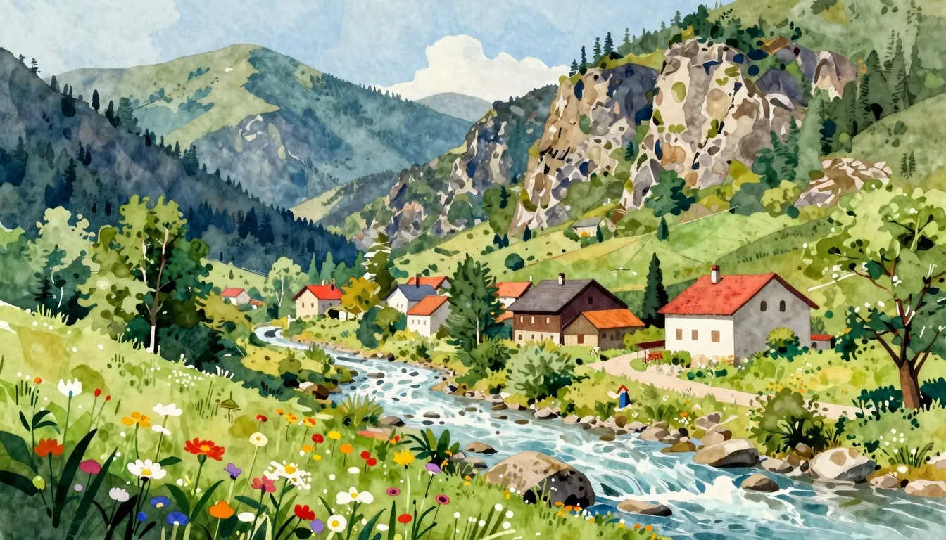 Vibrant watercolor style. A vibrant, nostalgic landscape pai...