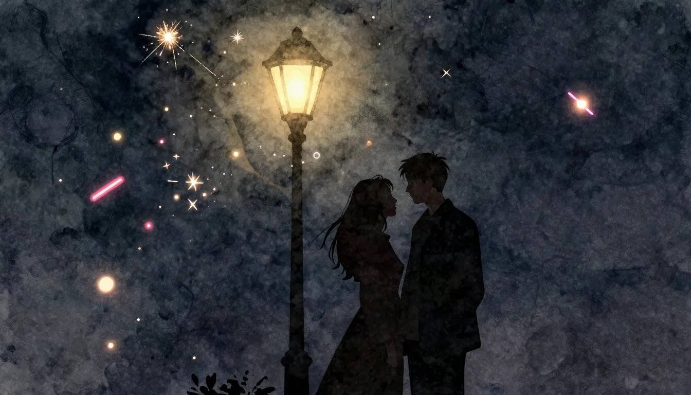 Watercolor style. A silhouette of a couple standing close un...