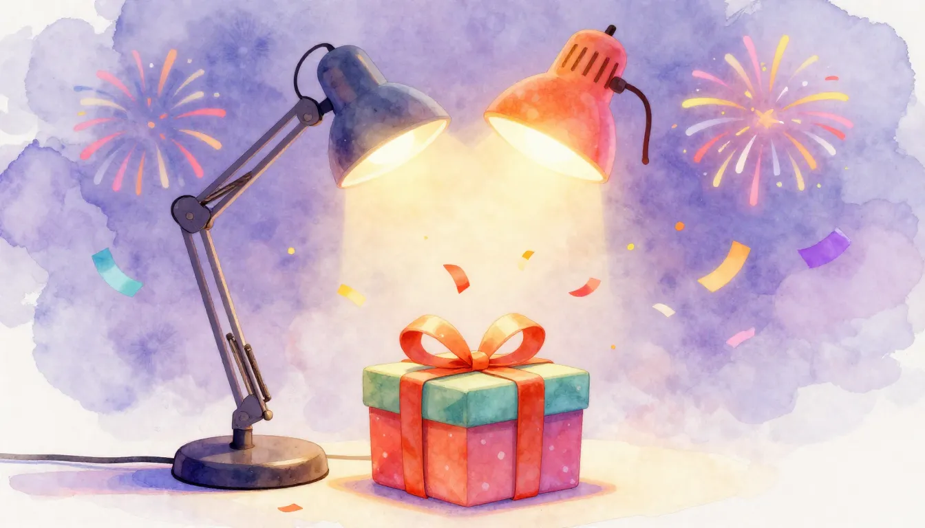 Watercolor style. A glowing desk lamp jumping on a colorful ...