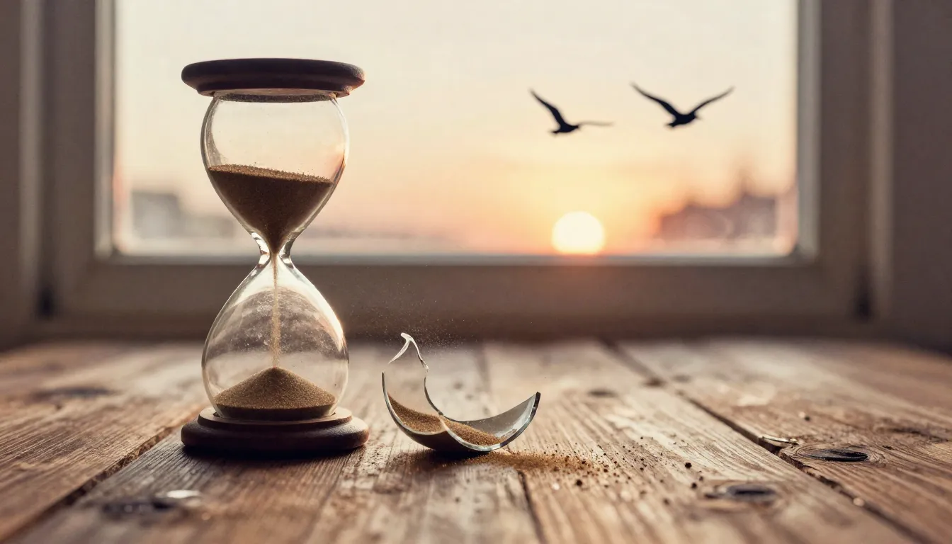 Watercolor style. A broken hourglass on a wooden table, sand...