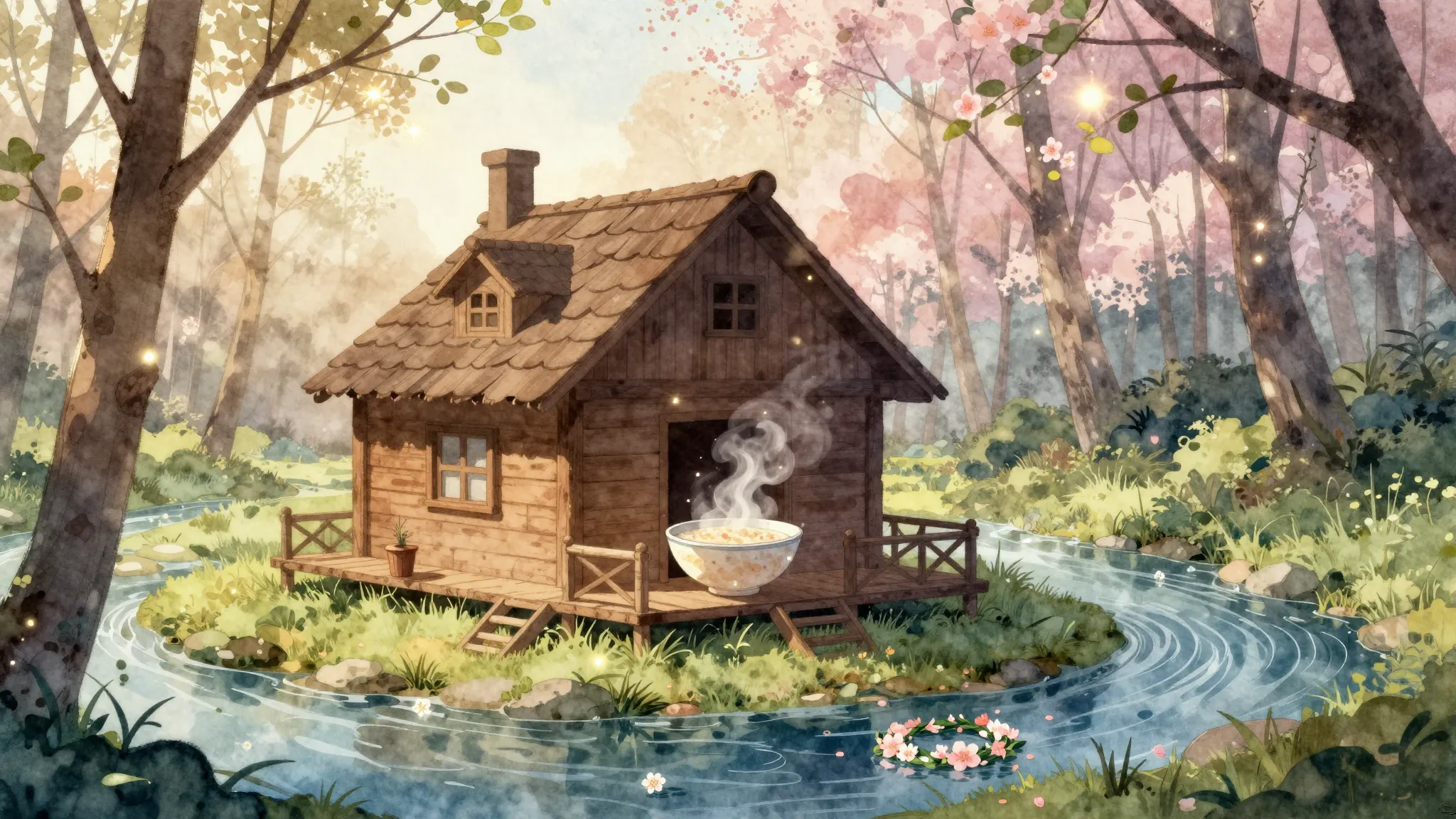 Watercolor style. Silhouette of a wooden house in a spring f...