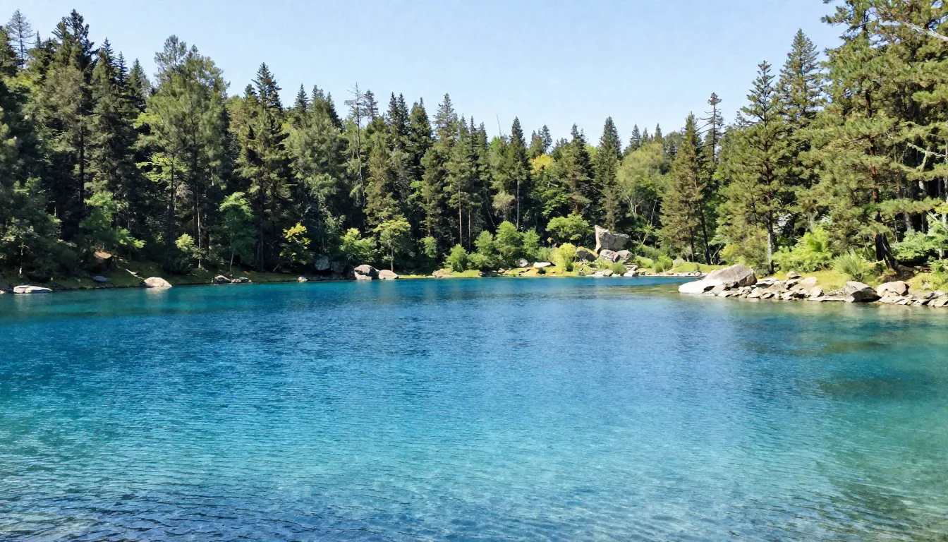 Watercolor style. A vast, crystal clear blue lake surrounded...
