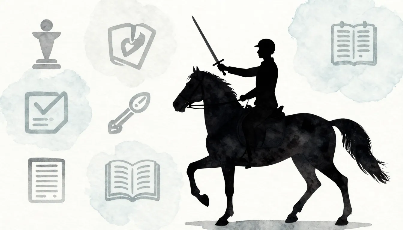 Watercolor style. Silhouette of a rider on a horse holding a...