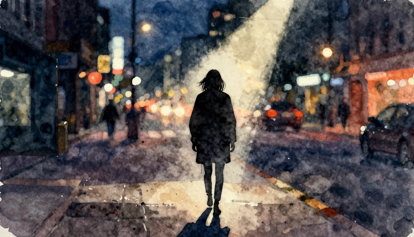 Watercolor style. A silhouette of a person standing on a cit...