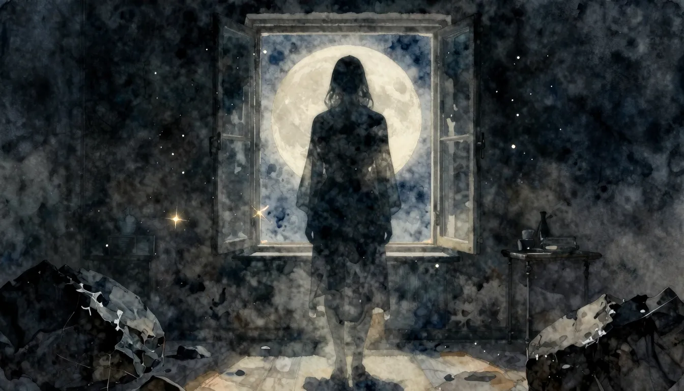 Watercolor style. A dark silhouette of a translucent figure ...