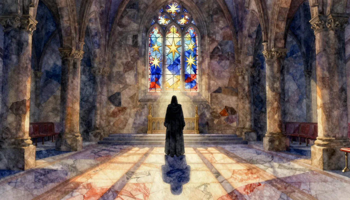 Watercolor style. A grand medieval throne room at dusk, a lo...