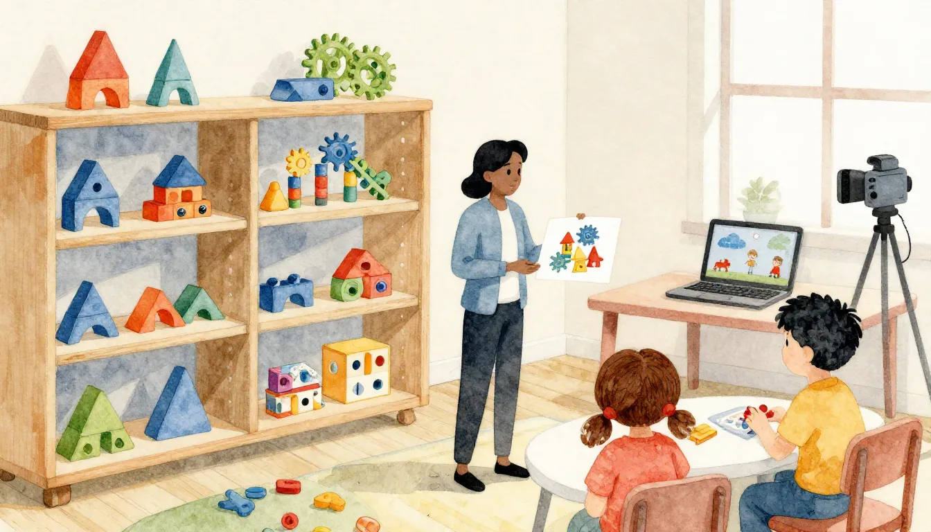 Watercolor style. A bright playroom with shelves full of geo...