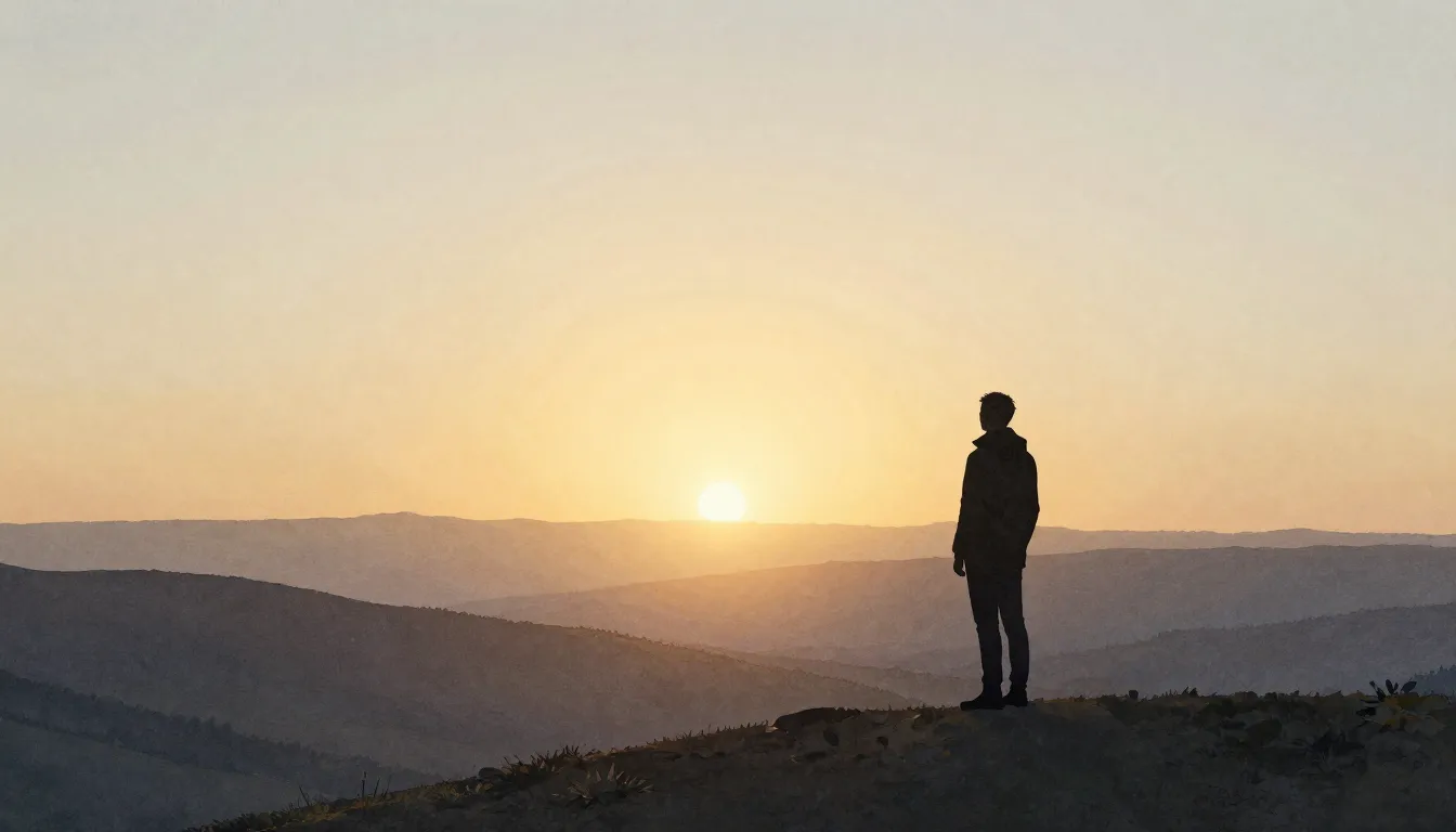 Watercolor style. A dark silhouette of a person standing on ...