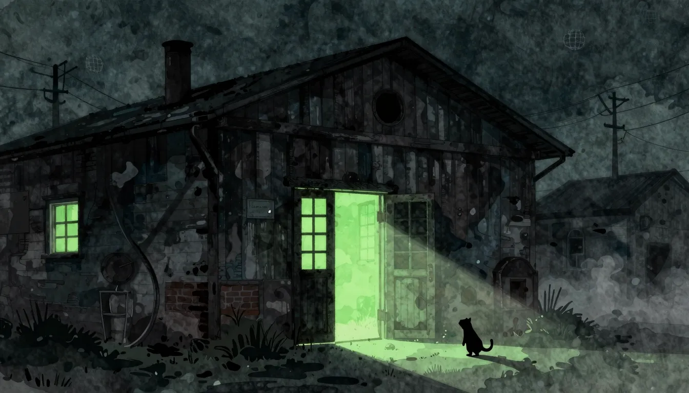 Watercolor style. Dark old warehouse at night, glowing green...