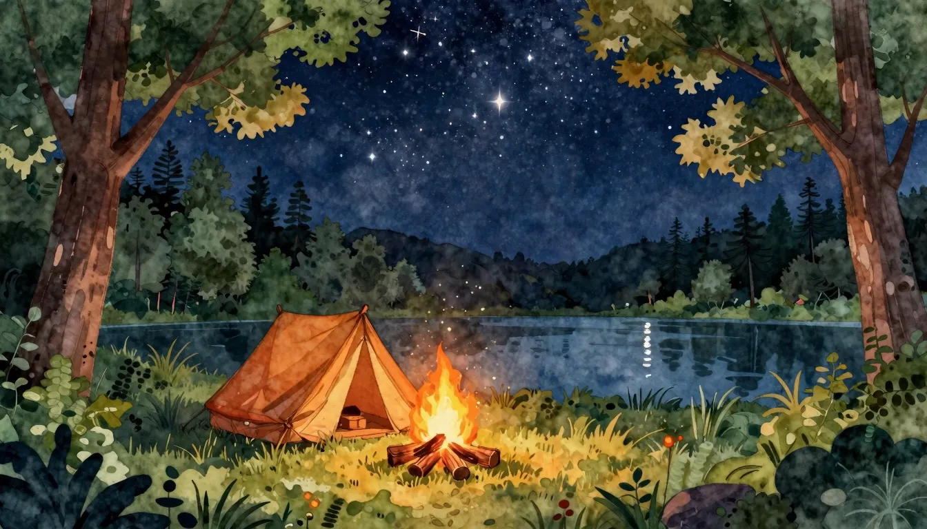 Watercolor style. A cozy campfire under a starry night sky, ...
