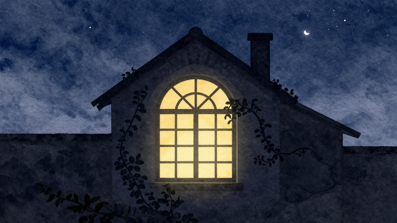 Watercolor style. Silhouette of an old house with a large ar...