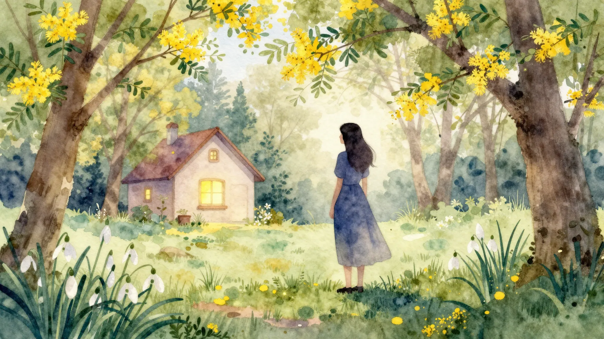 Watercolor style. A silhouette of a beautiful woman standing...