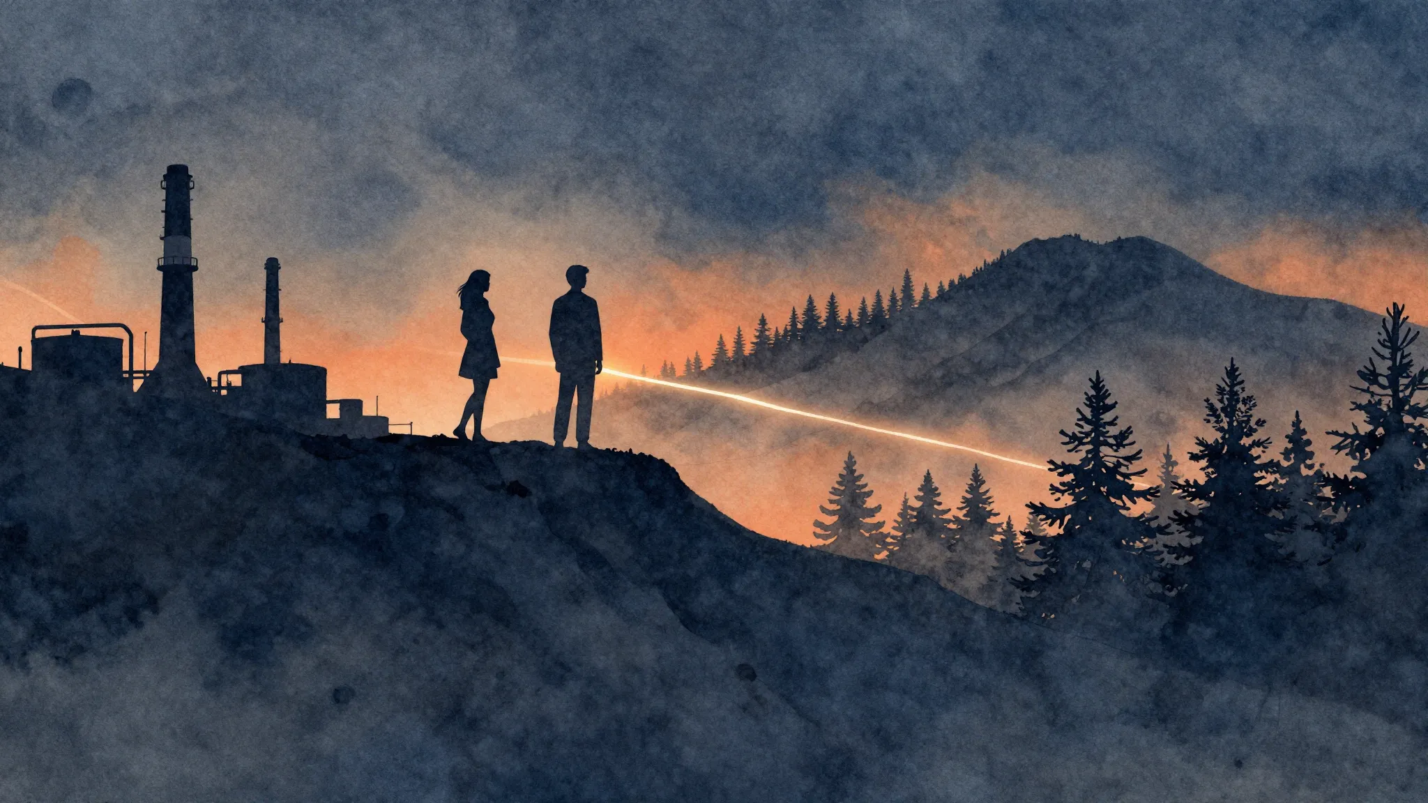 Watercolor style. Silhouette of two figures standing on a hi...