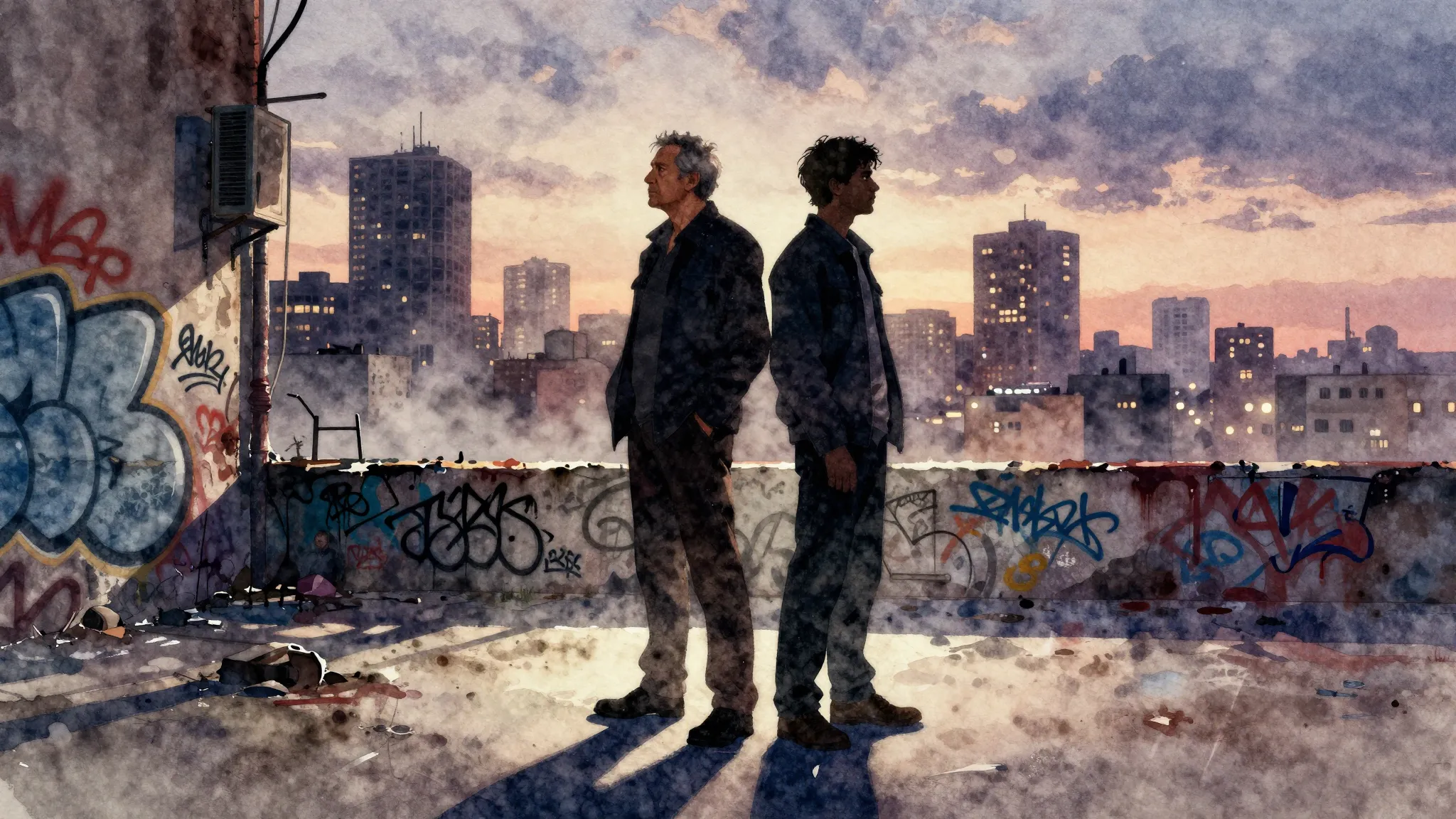 Watercolor style. Silhouette of an older man and a younger m...