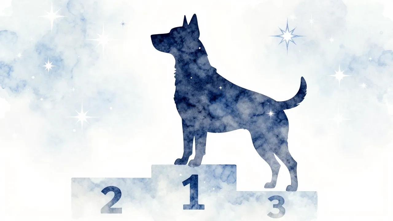 Watercolor style. A stylized dog silhouette standing proudly...