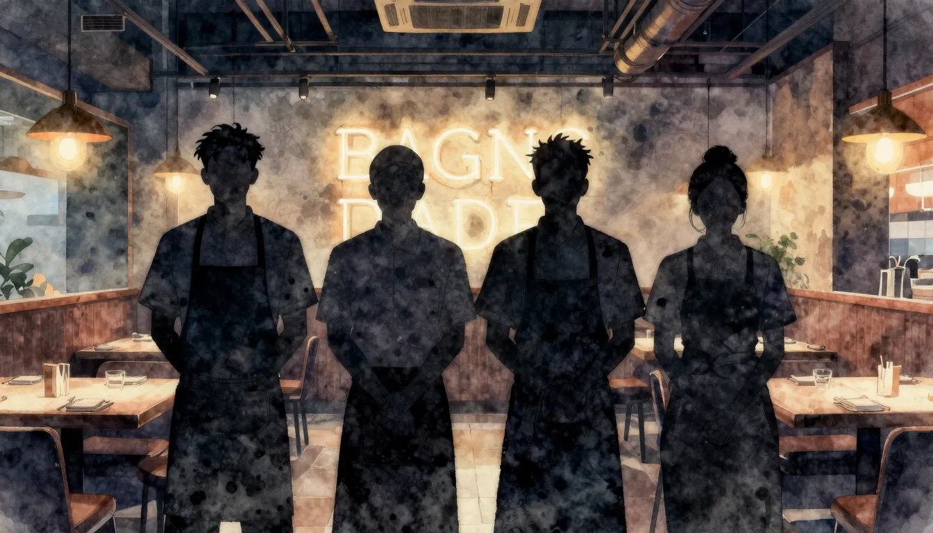 Watercolor style. Silhouettes of four restaurant workers sta...