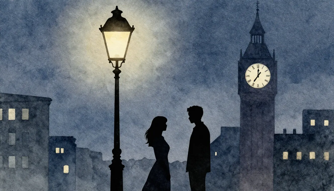 Watercolor style. Silhouettes of two people meeting under a ...