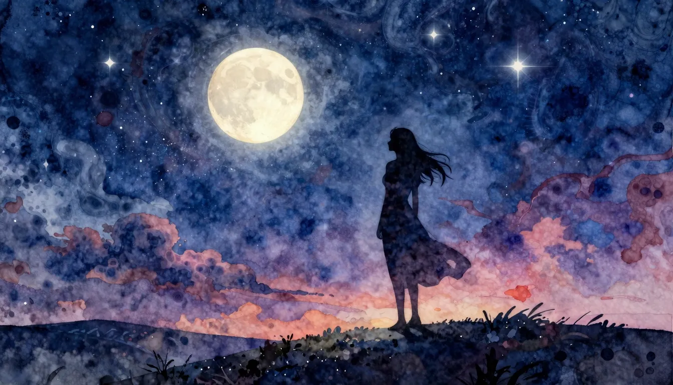 Watercolor style. A silhouette of a woman stands on a hill u...