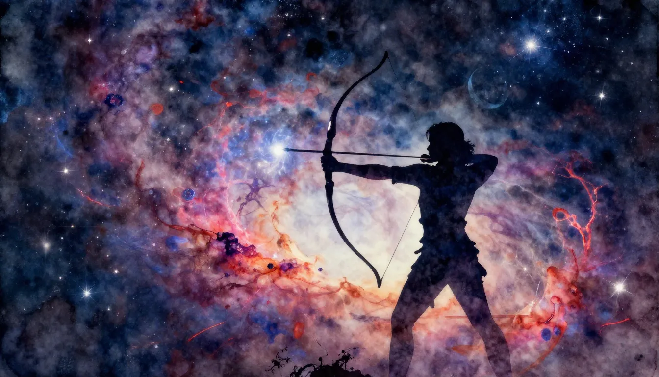 Watercolor style. A glowing silhouette of an archer aiming a...