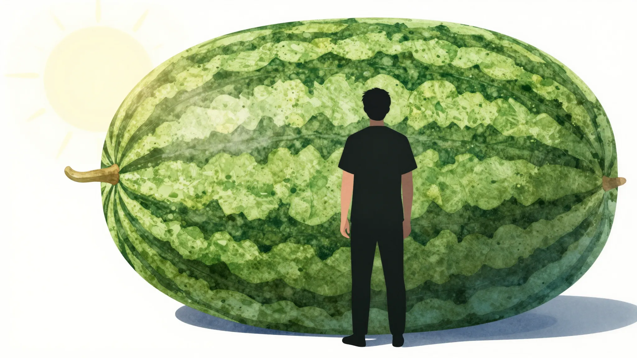 Watercolor style. A dark silhouette of a person standing nex...