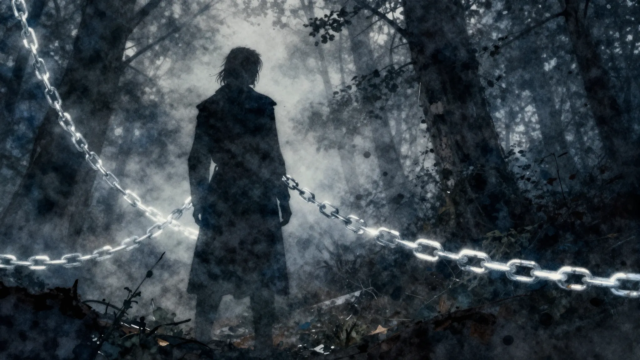 Watercolor style. Dark silhouette of a figure standing in a ...