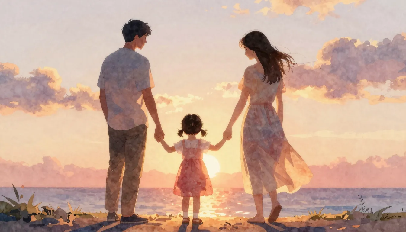 Watercolor style. A warm glowing silhouette of a mother hold...