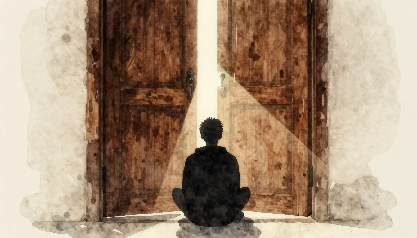 Watercolor style. A dark silhouette of a person sitting behi...