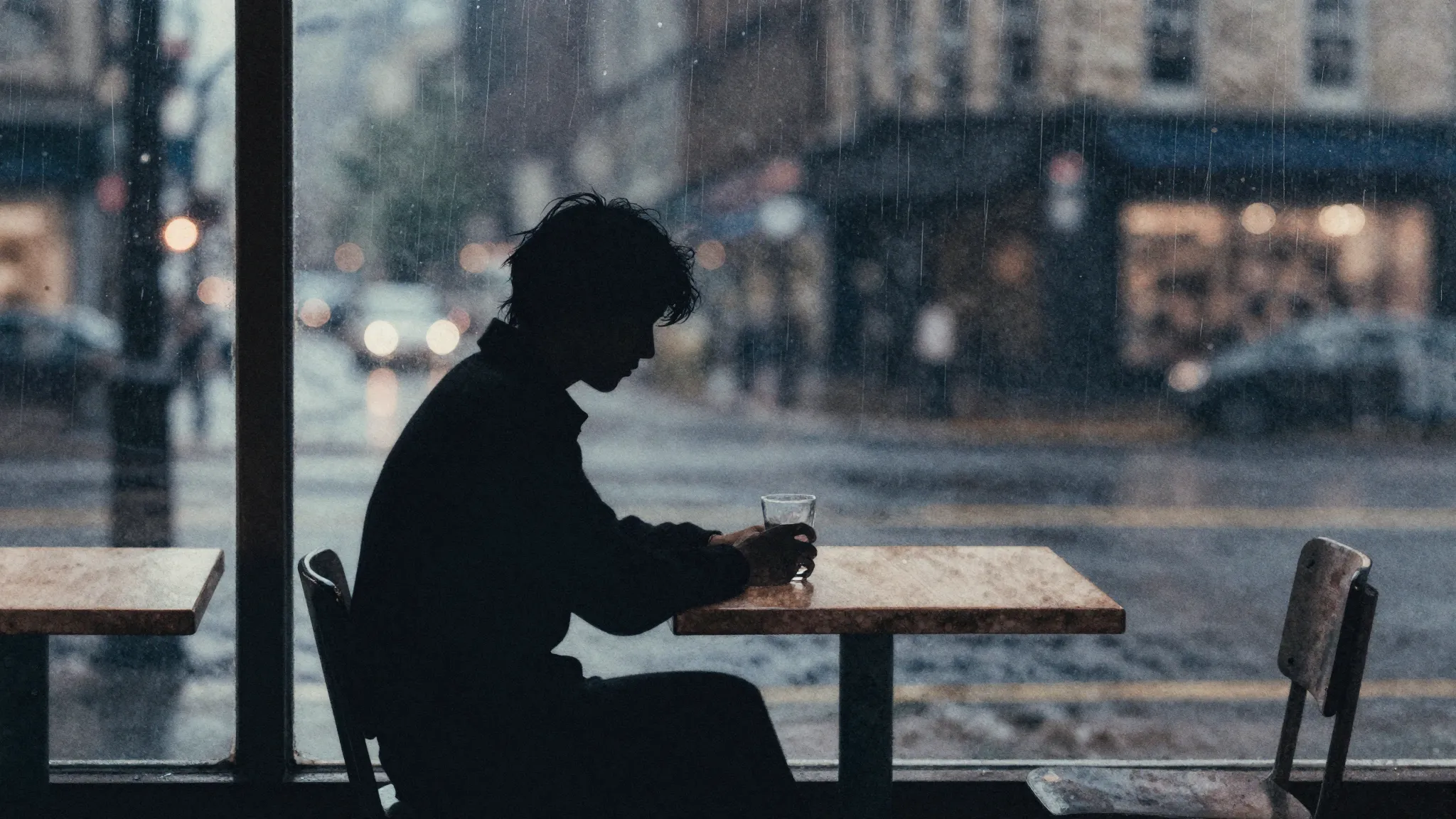 Watercolor style. A silhouette of a person sitting alone at ...