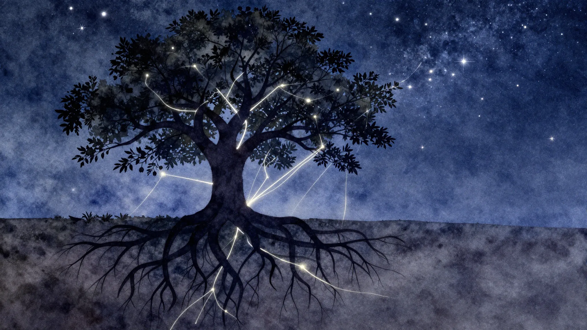 Watercolor style. Silhouette of a tree with deep roots mergi...