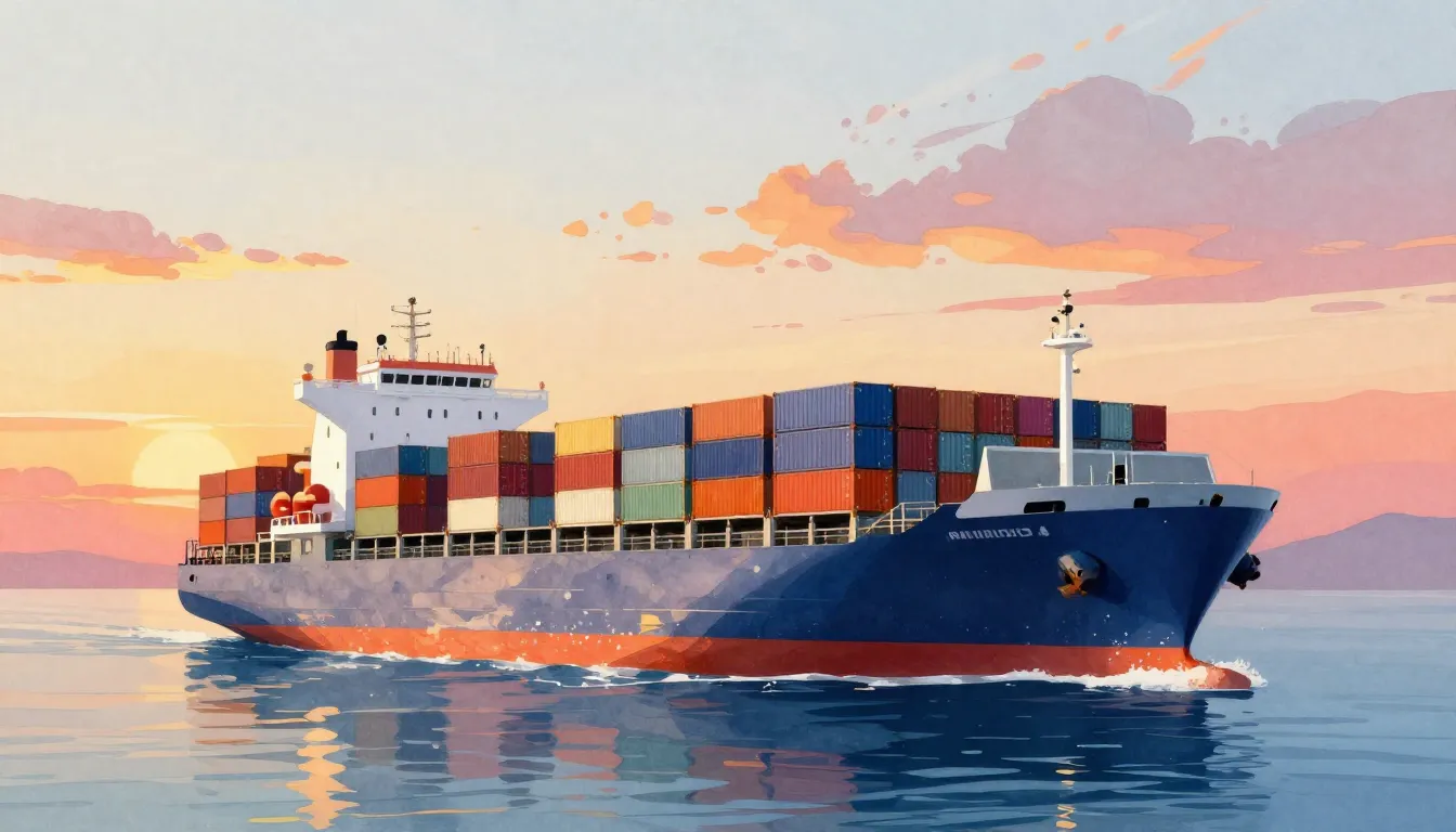 Vibrant watercolor style. "Modern cargo ship sailing on a ca...