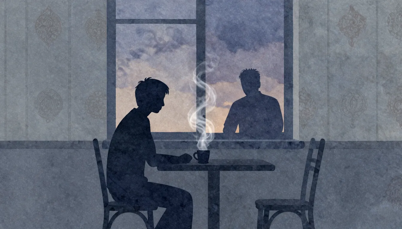 Watercolor style. Silhouette of a person sitting at a table ...
