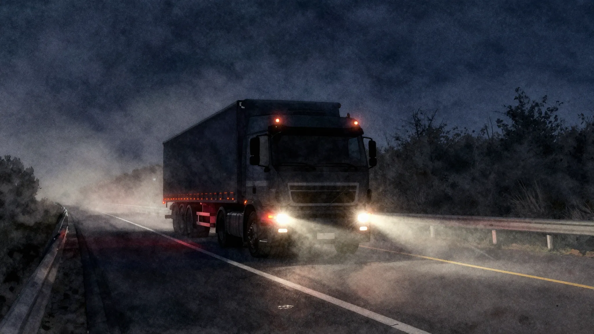 Watercolor style. Dark highway at night, heavy truck silhoue...