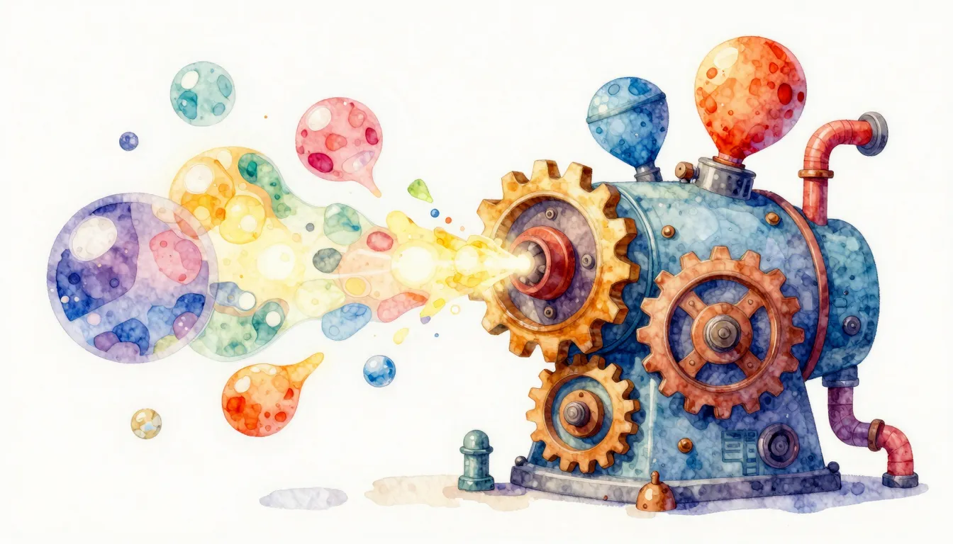 Watercolor style. A whimsical machine with gears and colorfu...
