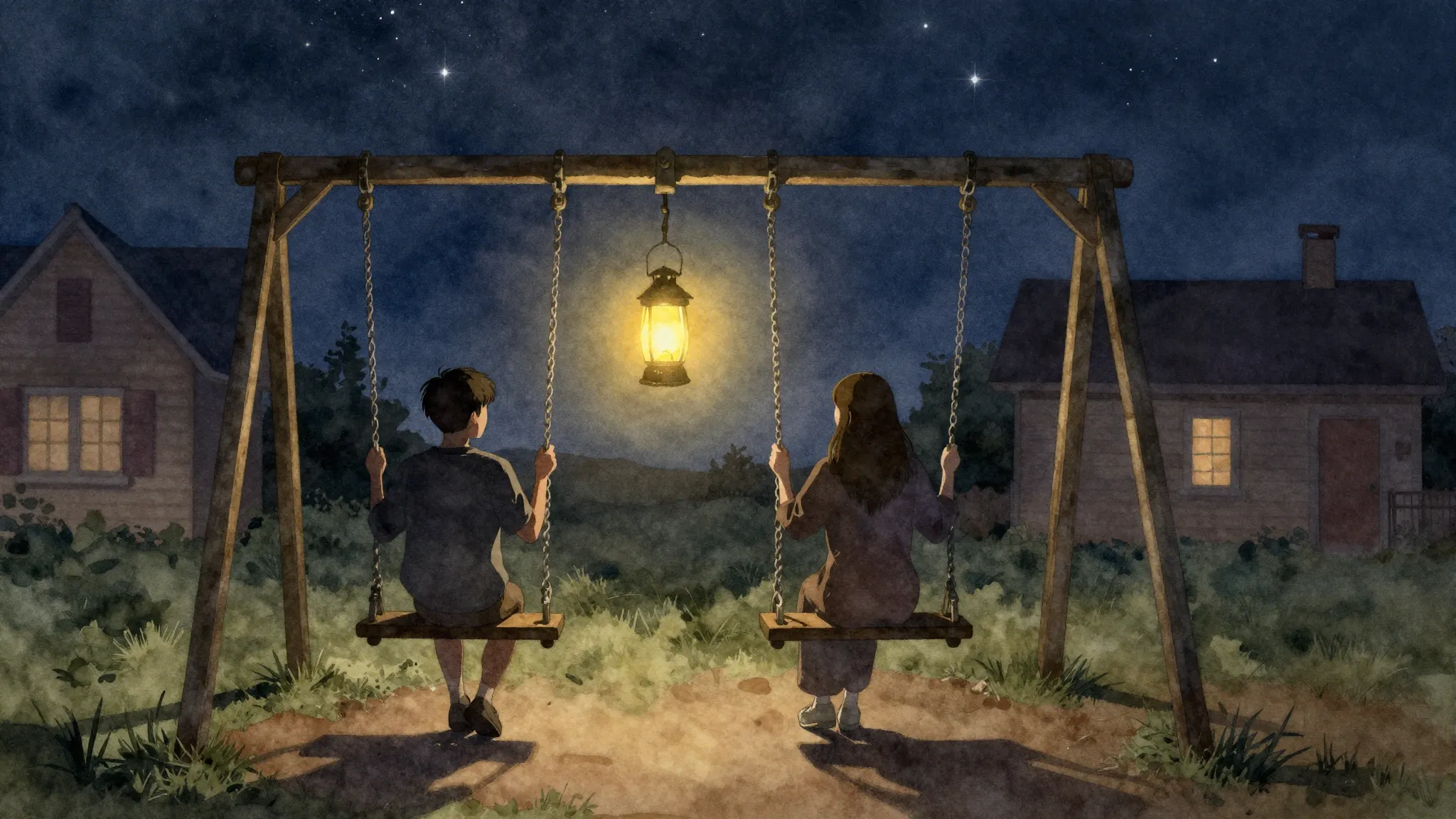 Watercolor style. Two young silhouettes sitting on a swing s...