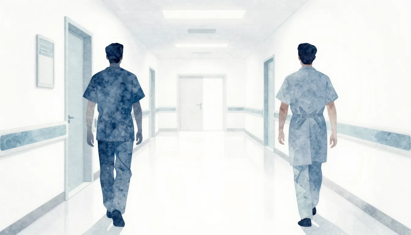 Watercolor style. Two silhouettes of medical workers in a br...