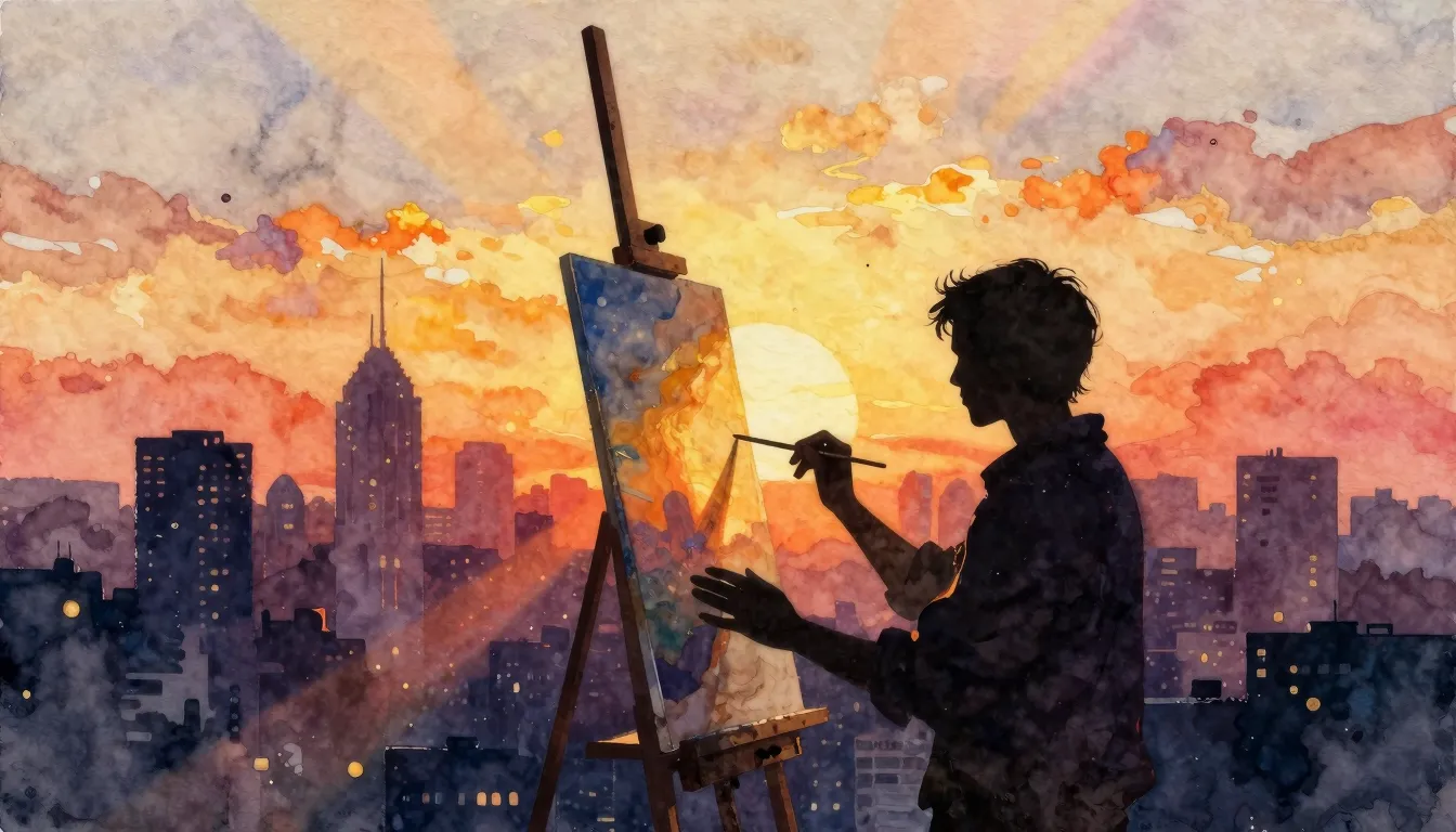 Watercolor style. A silhouette of an artist with an easel an...
