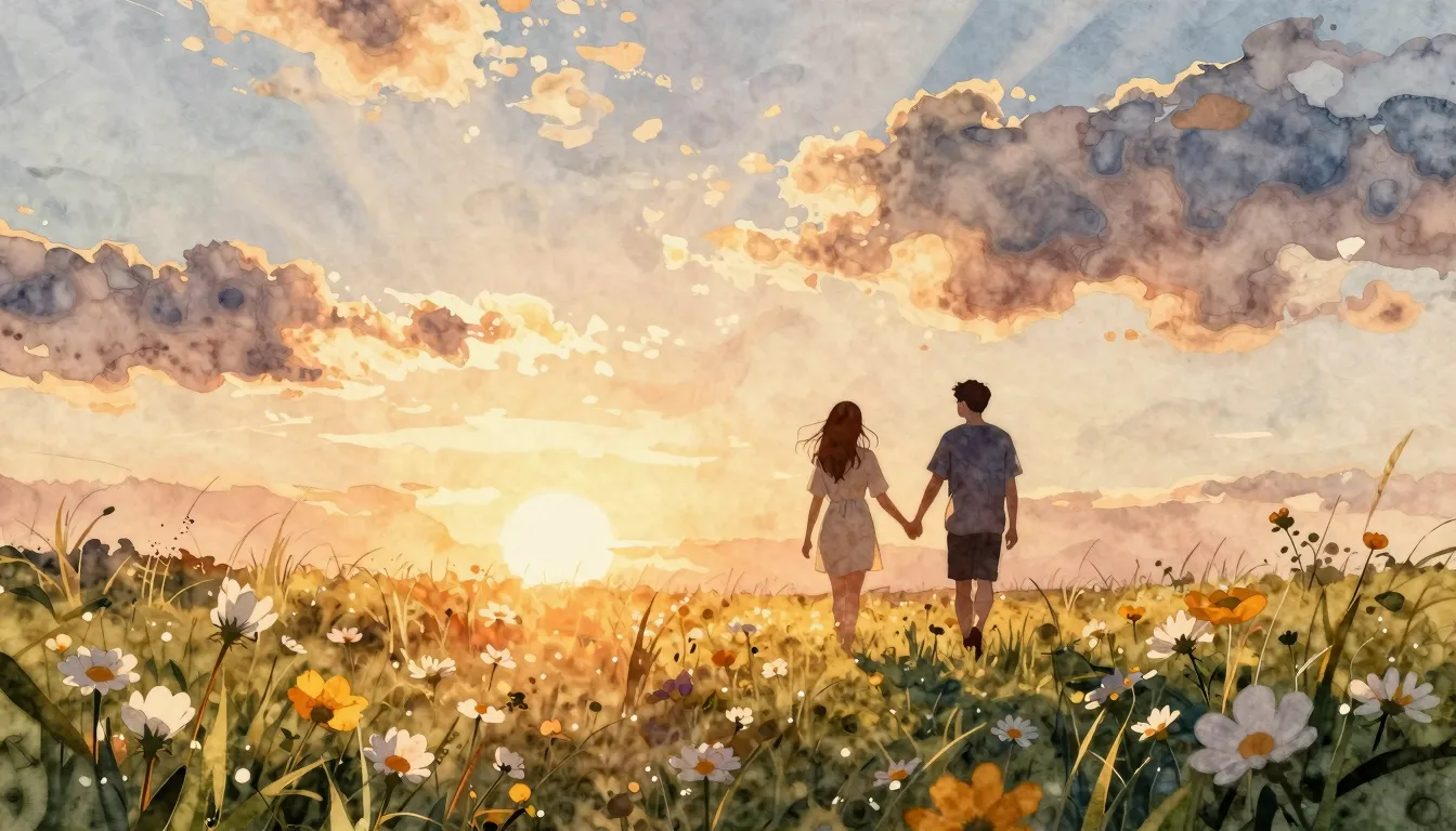 Watercolor style. A warm summer sunset over a blooming meado...