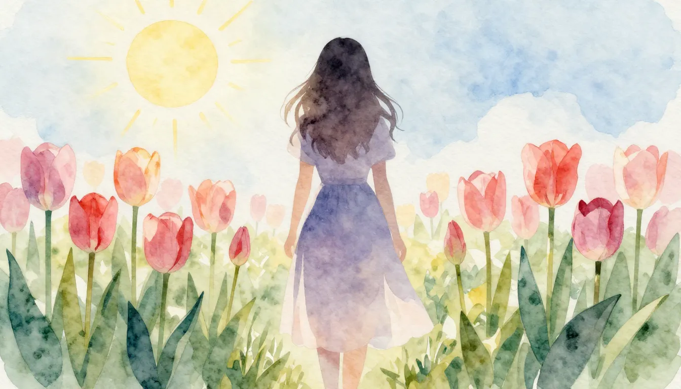 Watercolor style. A silhouette of a woman standing in a gard...
