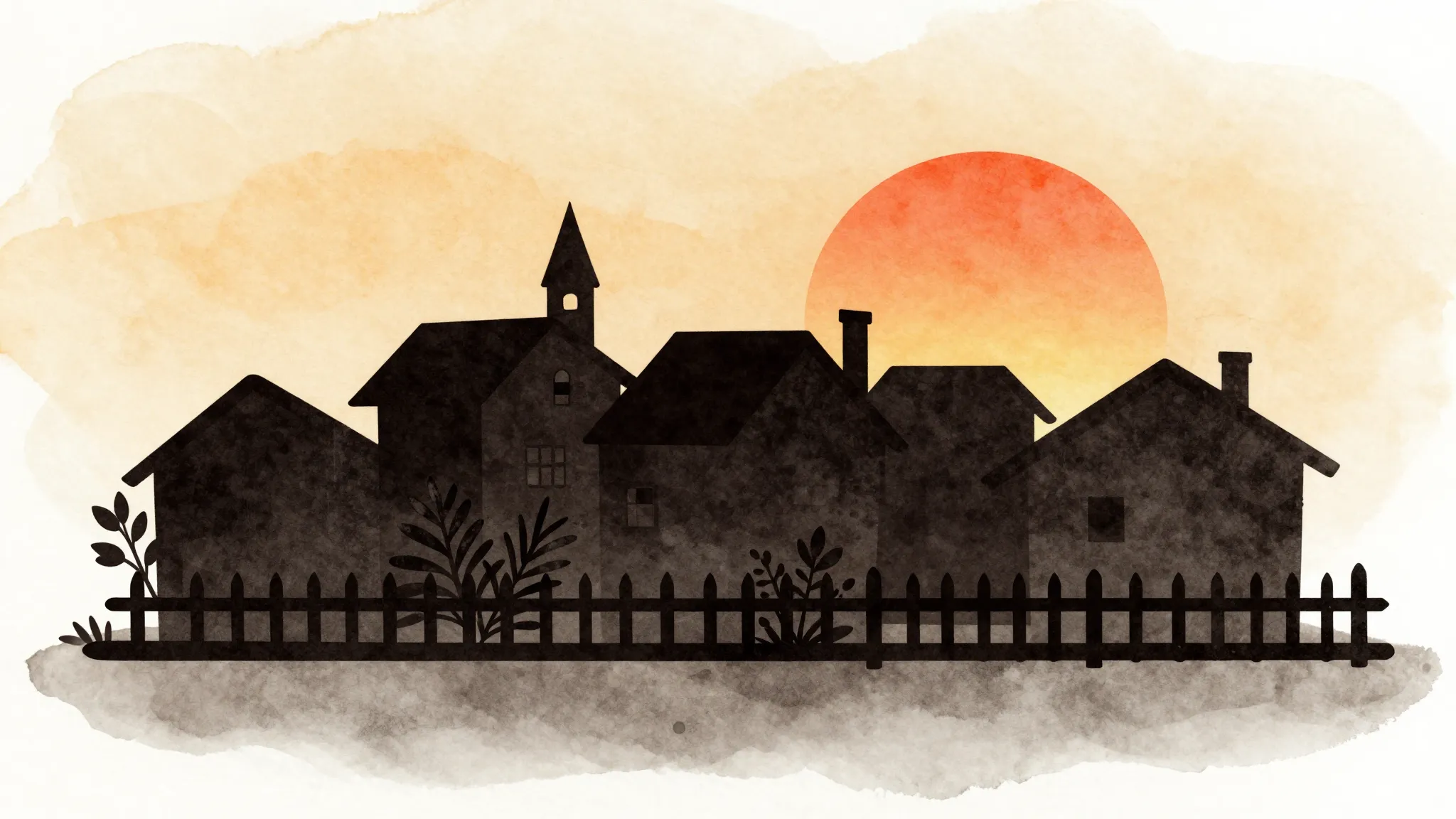 Watercolor style. A silhouette of a small village with a gar...